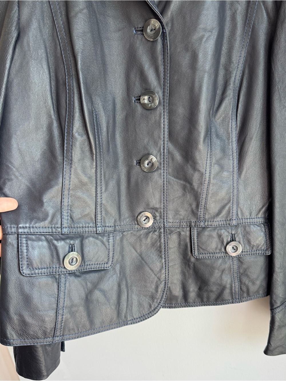 Danier Slate Blue Leather Jacket M Button Front Blazer Coat Fall Navy Y2K Classy - Picture 4 of 13